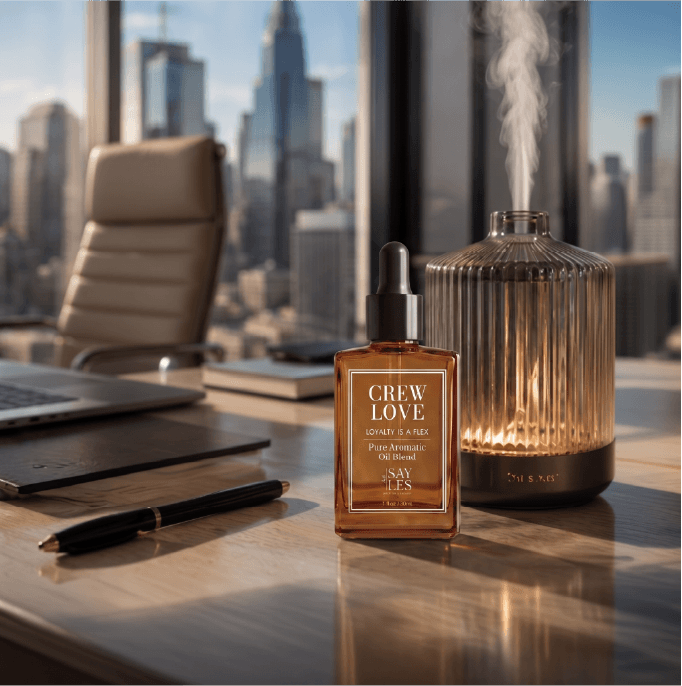 Crew Love Lux Oil Blend bottle next to an active misting diffuser on a sleek desk in a modern high-rise office with a city skyline view.