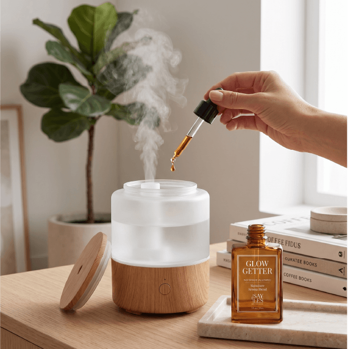 Hand using a glass dropper to add Glow Getter Lux Oil Blend into a glowing misting diffuser on a wooden table next to a potted plant and stacked books.