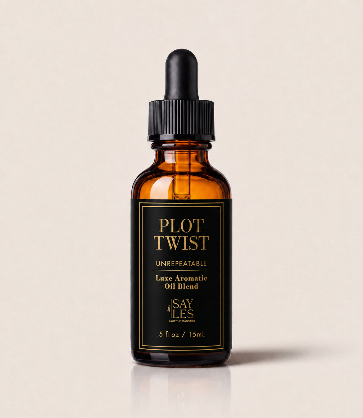 15ml glass dropper bottle of Plot Twist Lux Oil Blend luxury home fragrance on a minimal background.