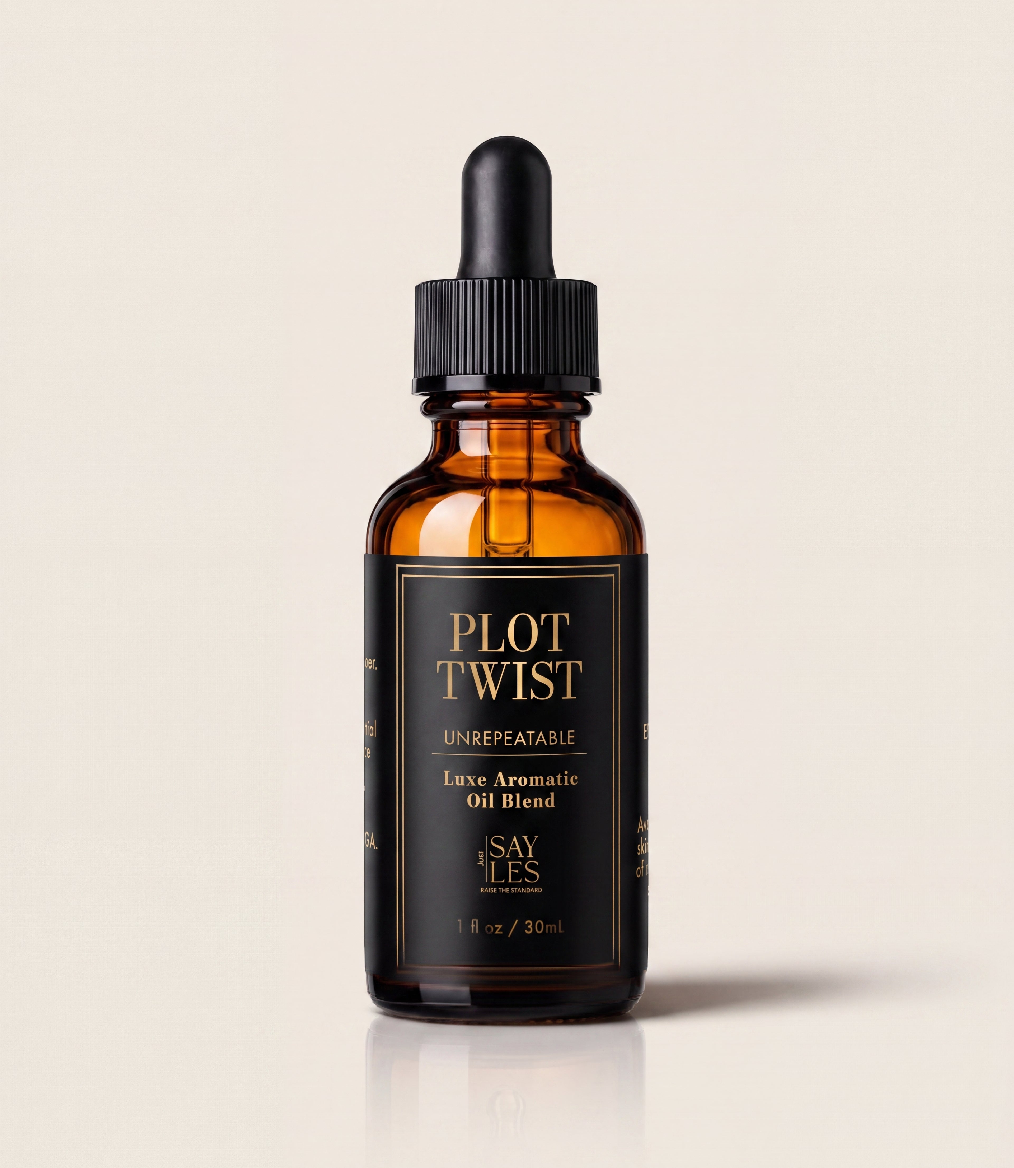 30ml glass dropper bottle of Plot Twist Lux Oil Blend premium diffuser oil on a minimal background.
